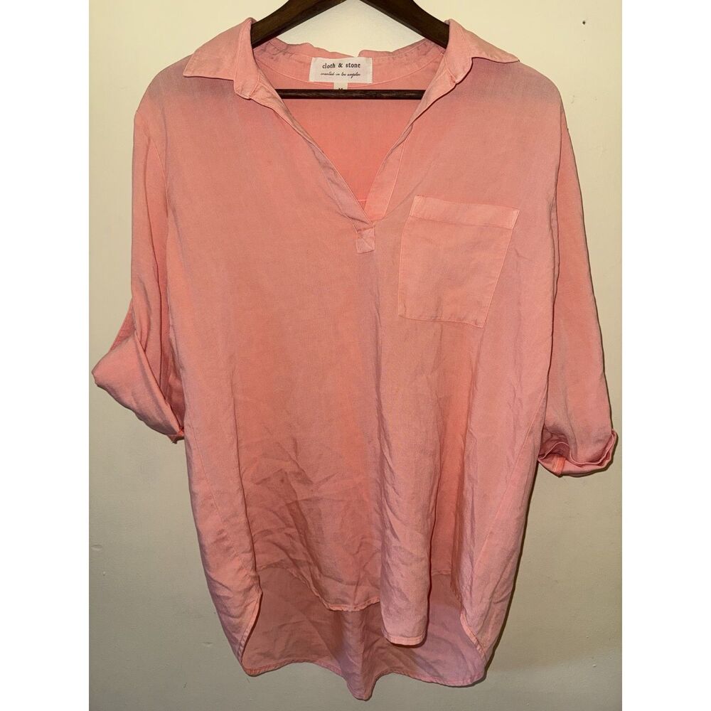 Cloth & Stone Tencel Popover Top Peach Pink Coral Roll Tab Split Neck Medium